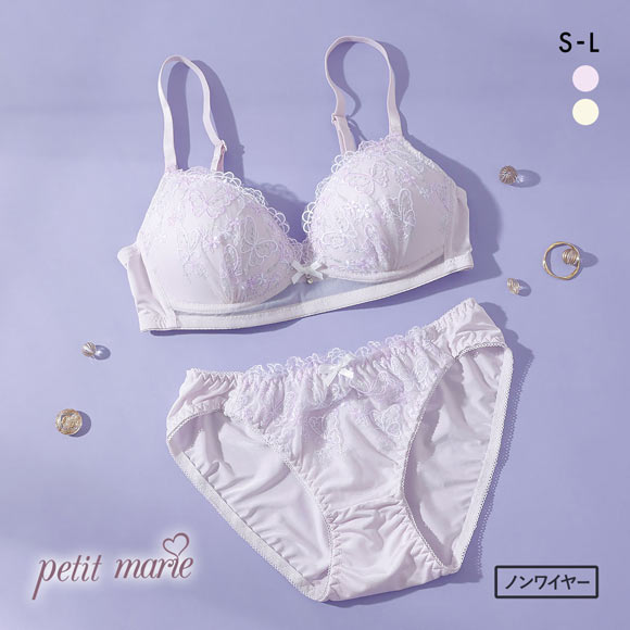 プチマリー ガーリーバタフライレース ノンワイヤー ブラセット ブラジャー ショーツ セット petit marie WHITE