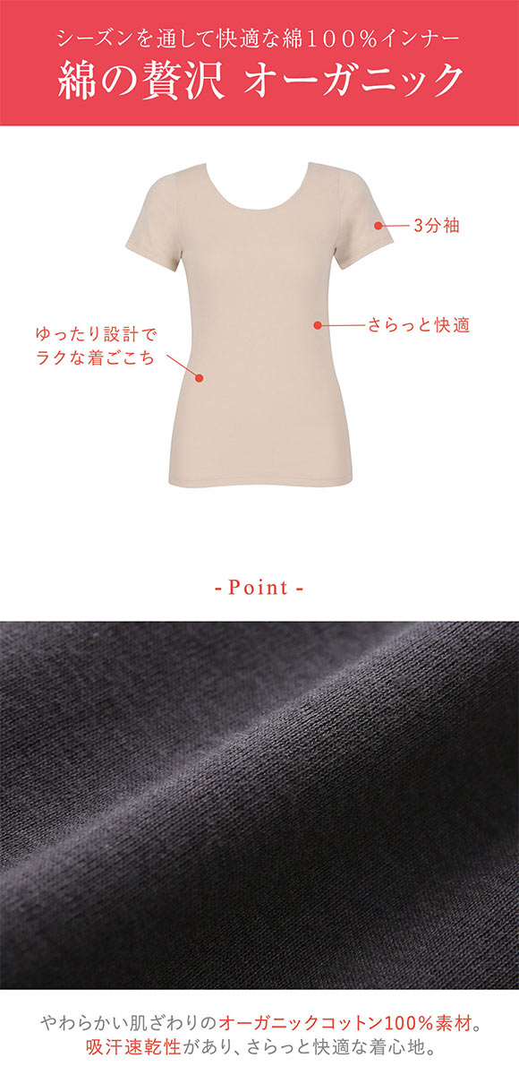 ワコール ウイング 綿の贅沢オーガニック 綿100％タイプ 3分袖 半袖 インナー オールシーズン 吸汗速乾 M L LL Wacoal Wing