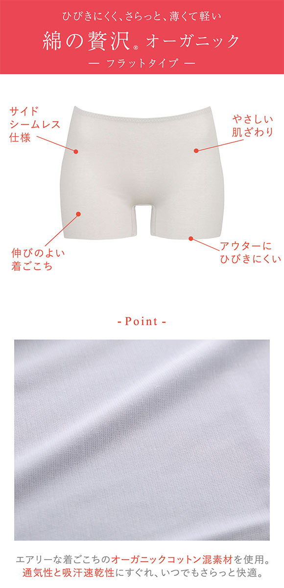 ワコール Wacoal ウイング Wing 綿の贅沢 オーガニック フラット 1分丈ボトム M L LL 吸汗速乾 抗菌防臭 ひびきにくい