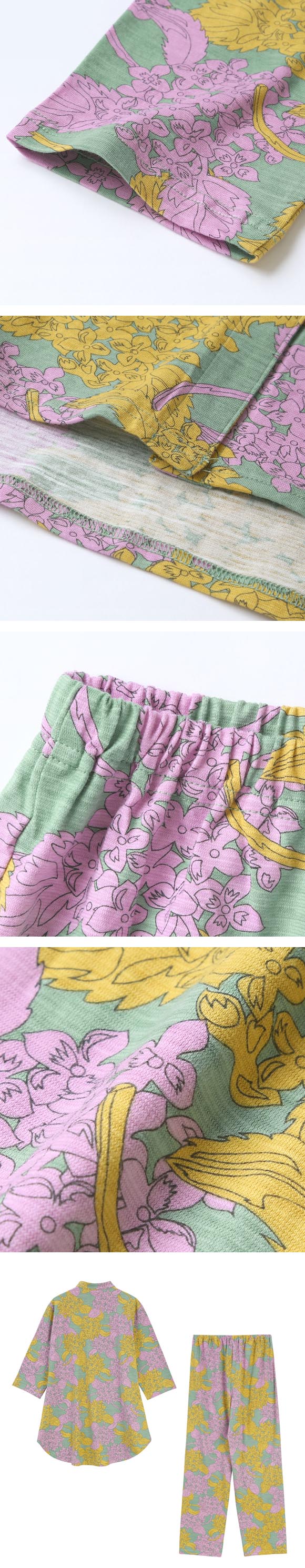 ワコール マタノアツコ シャツパジャマ 紫陽花 ねこ 7分袖ロング丈 上下セット ルームウェア 綿100％ Wacoal ATSUKO MATANO