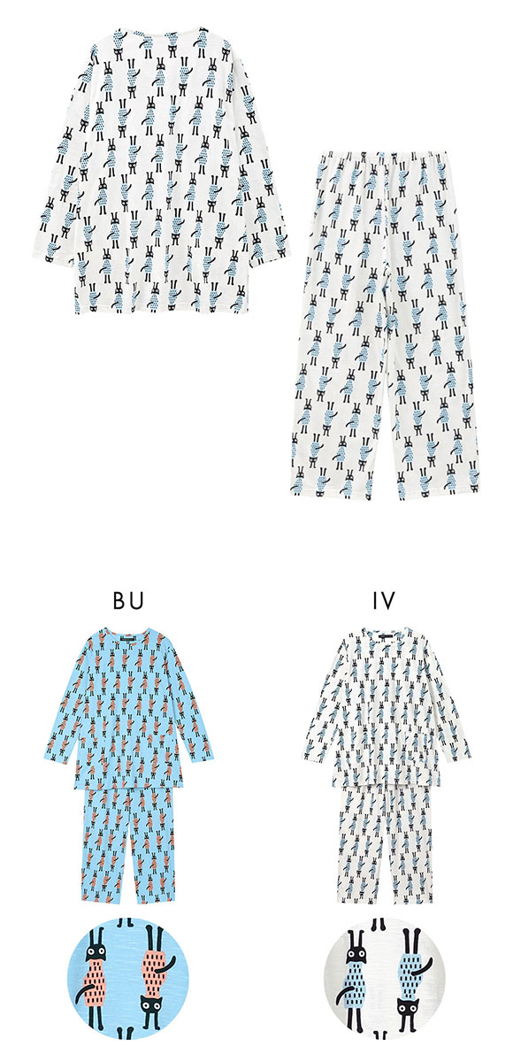 ワコール マタノアツコ ルームウェア 長袖パジャマ 上下セット 逆立ちしている猫 綿100％ Wacoal ATSUKO MATANO
