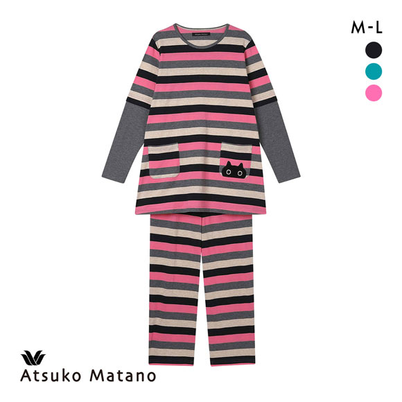 ワコール マタノアツコ ルームウェア 長袖パジャマ 上下セット マルチボーダー ねこ 綿100％ Wacoal ATSUKO MATANO
