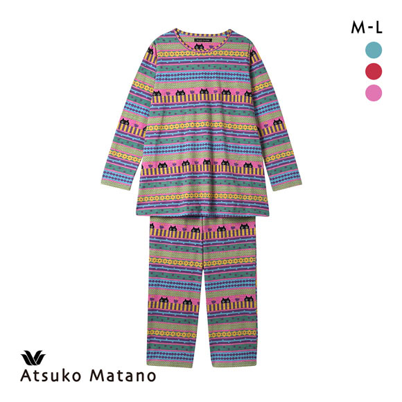 ワコール マタノアツコ 長袖パジャマ 上下セット 綿100％ ねこ ボーダー ルームウェア Wacoal ATSUKO MATANO