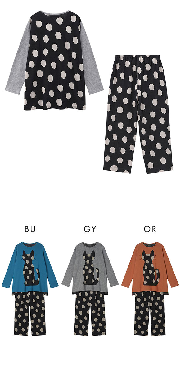 ワコール マタノアツコ 猫とドット 長袖 パジャマ 上下セット ルームウェア 綿100％ Wacoal ATSUKO MATANO