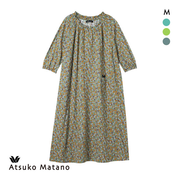 ワコール マタノアツコ ワンピース 7分袖 小花 ねこ 綿100％ パジャマ ルームウェア Wacoal ATSUKO MATANO