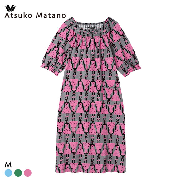 ワコール マタノアツコ うさぎ ワンピース 6分袖 パジャマ ルームウェア 綿100％ Wacoal ATSUKO MATANO