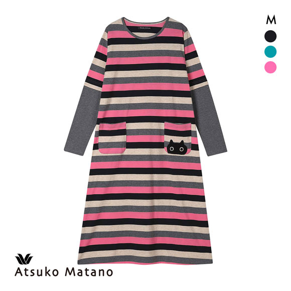 ワコール マタノアツコ ワンピース ルームウェア パジャマ マルチボーダー 綿100％ ねこ Wacoal ATSUKO MATANO