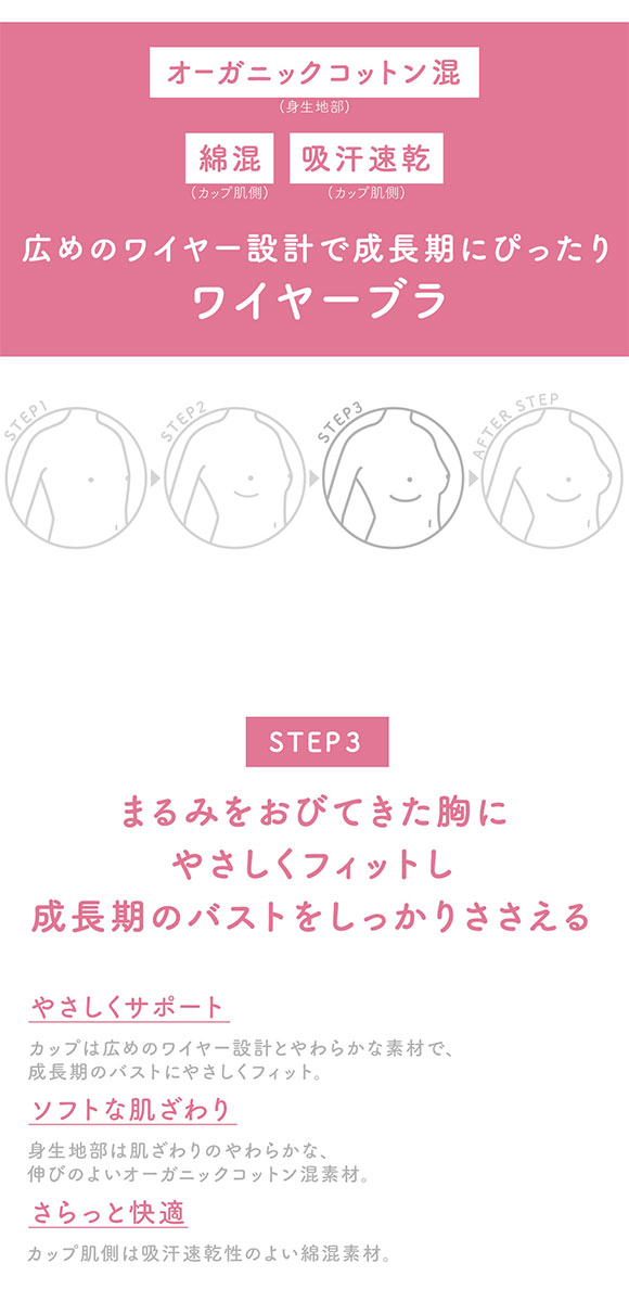 ワコール Wacoal ウイング Wing teen ジュニア STEP3 ジュニアブラジャー 3/4カップ 綿混 ABCDEF 女の子 中高生におすすめ 単品