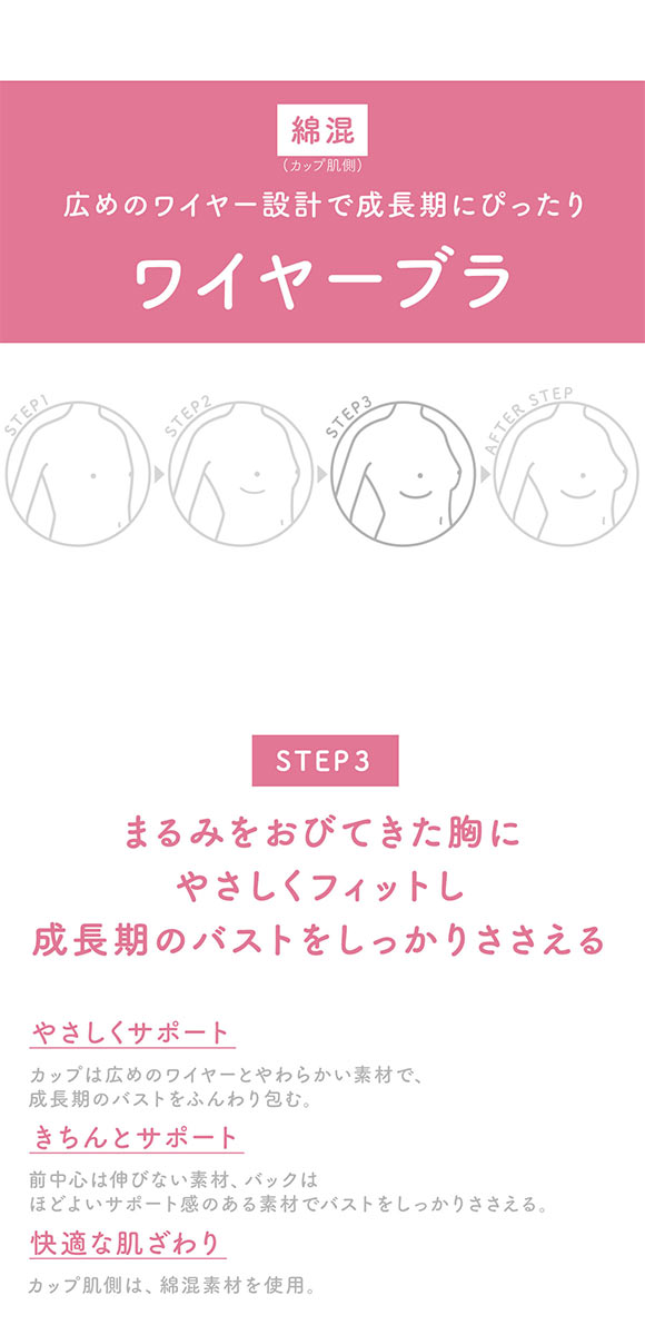 ワコール ウイング ティーン ジュニアブラジャー ABCDEF ワイヤー入り 大きいサイズ 中学生 高校生 Wacoal Wing teen STEP3