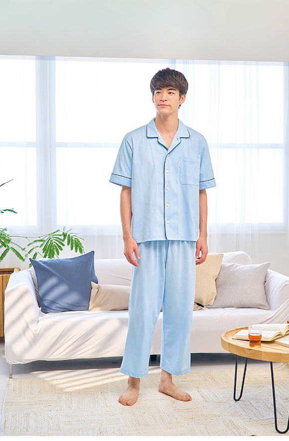 ワコール 睡眠科学 メンズ シャツパジャマ 5分袖 半袖 上下セット 綿100％ やわらかキープ Wacoal
