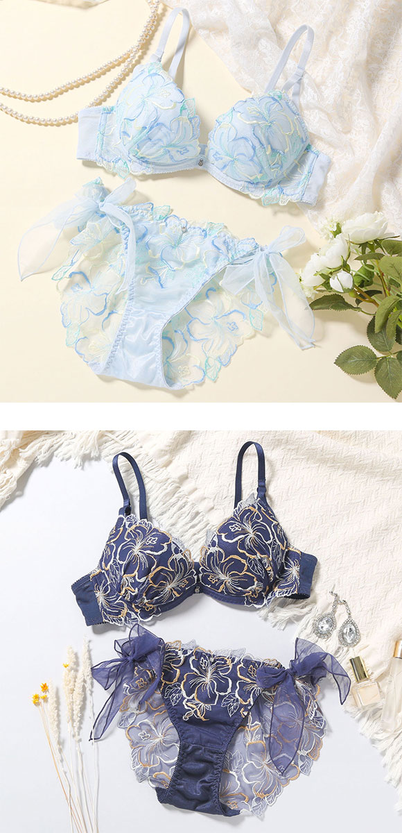 ココランジェ COCO Linge ハイビスカスアローハ ブラジャー ショーツ セット SHIROHATO別注 谷間 サイドリボン 紐パン バックレース