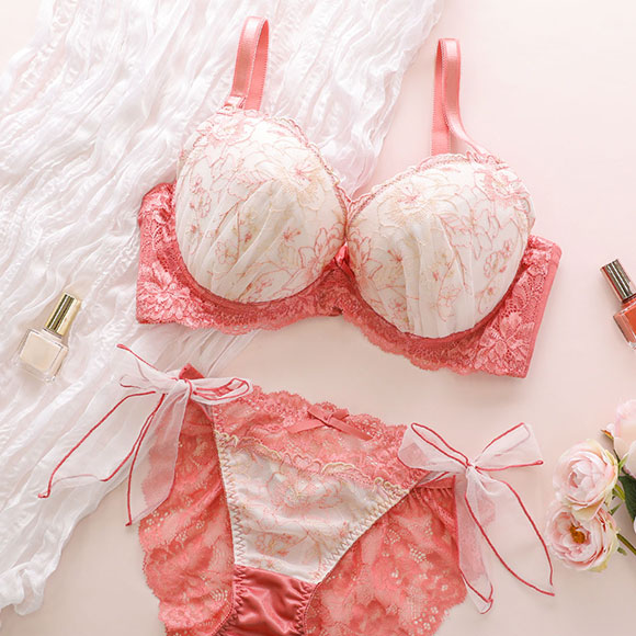 ココランジェ COCO Linge フラワリーステッチレース ブラジャー ショーツ セット 総レース SHIROHATO別注 GHI バックレース サイドリボン