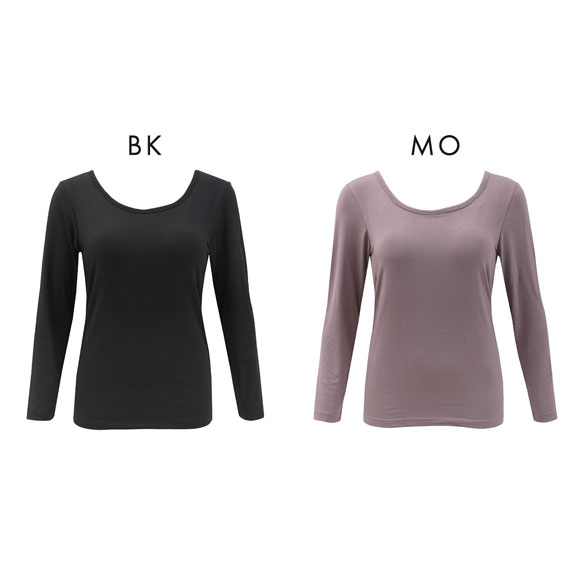 超伸び 裏起毛 ブラ内蔵 長袖インナー 8分袖 あったかブラトップ M L LL ラウンドネック 保温 静電気防止 無地 薄手 カップ付き長袖