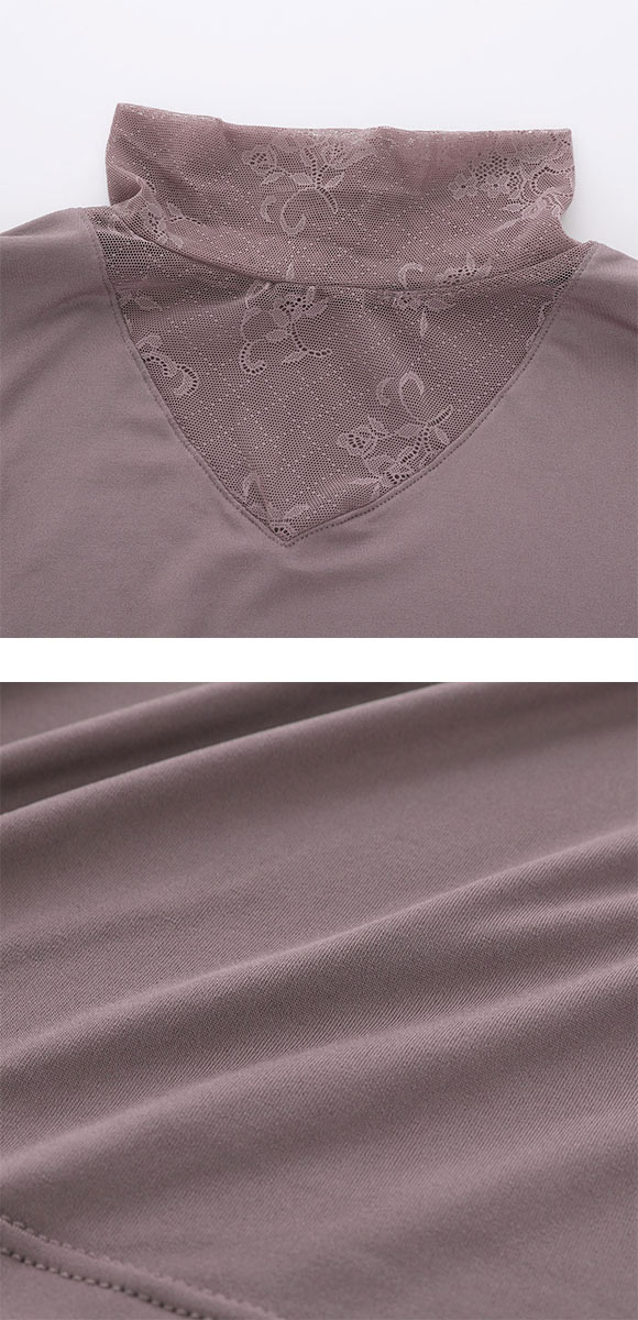 超伸び 裏起毛 レース付きハイネック 長袖インナー 8分袖 M L LL 軽い フィット 保温 静電気防止 無地 首のしわ隠し 温活 薄手