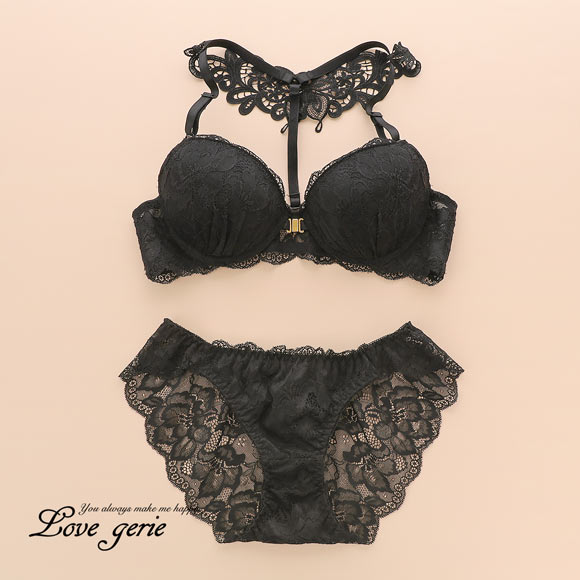 ラブジェリー 背中魅せ バタフライケミカル フロントホック ブラセット EF  盛り胸 Wパッド ブラジャー ショーツ セット