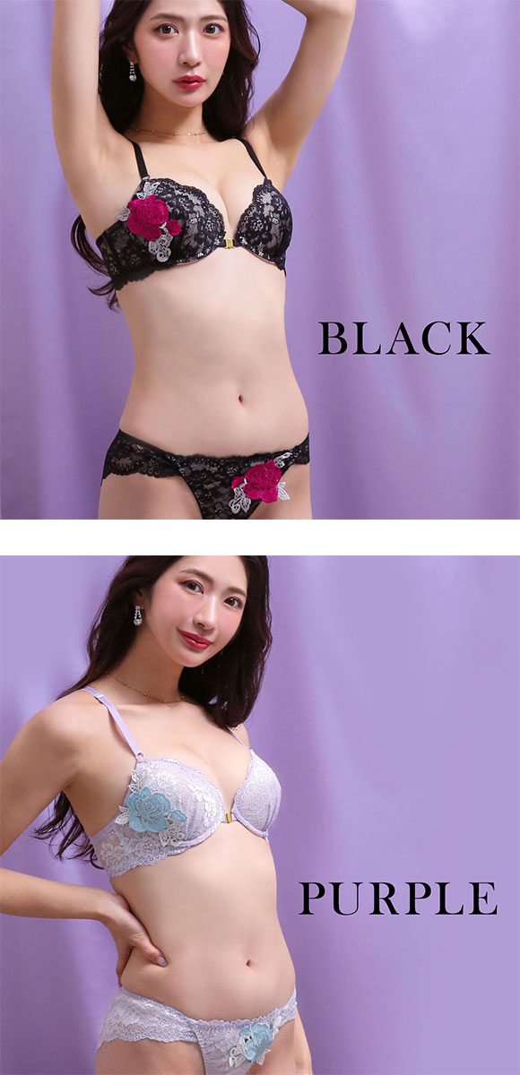 ラブジェリー 背中魅せ レーシーローズ ブラセット EF 谷間ブラ 脇寄せ Wパッド バックレース ブラジャー ショーツ セット 大きいサイズ