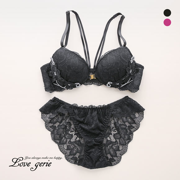 ラブジェリー 背中魅せ ジュエルフラワー フロントホック ブラセット ABCD 盛り胸 Wパッド 谷間ブラ Love gerie