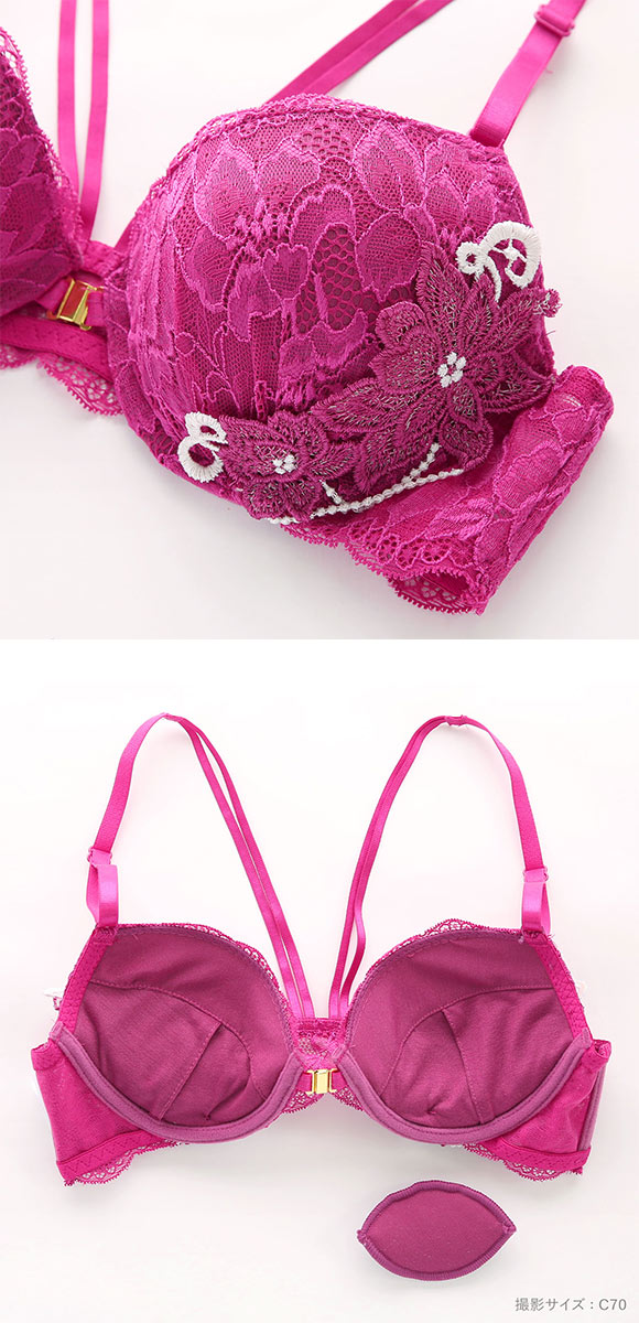 ラブジェリー 背中魅せ ジュエルフラワー フロントホック ブラセット EF 大きいサイズ 盛り胸 Wパッド 谷間ブラ Love gerie