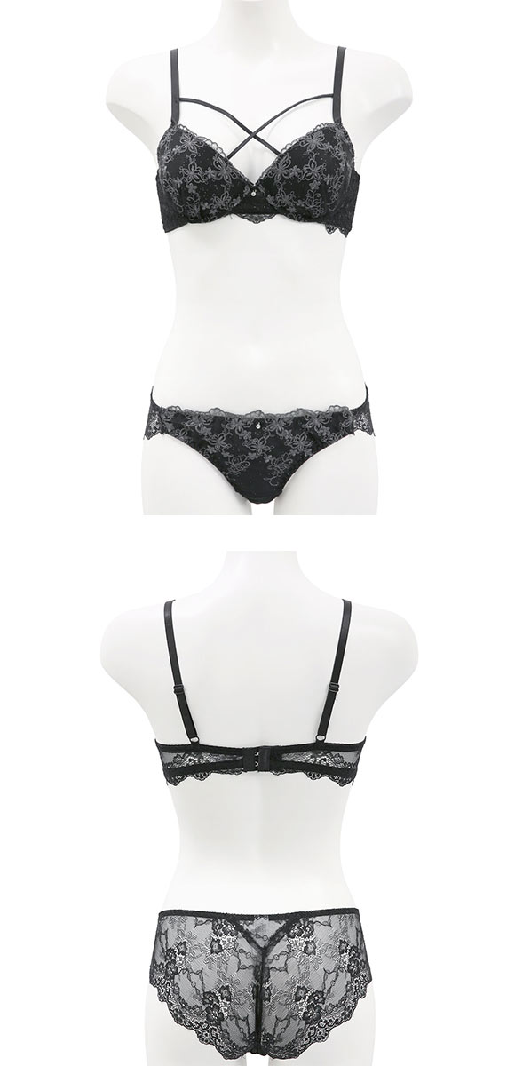 ラブジェリー フラワーバタフライ ブラセット EF 大きいサイズ バックレース 総レース 盛り胸 Wパッド バストアップ ブラジャー ショーツ セット