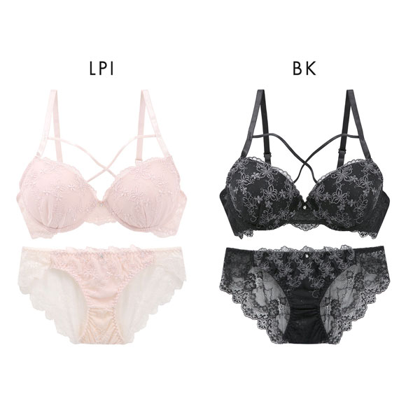 ラブジェリー フラワーバタフライ ブラセット EF 大きいサイズ バックレース 総レース 盛り胸 Wパッド バストアップ ブラジャー ショーツ セット