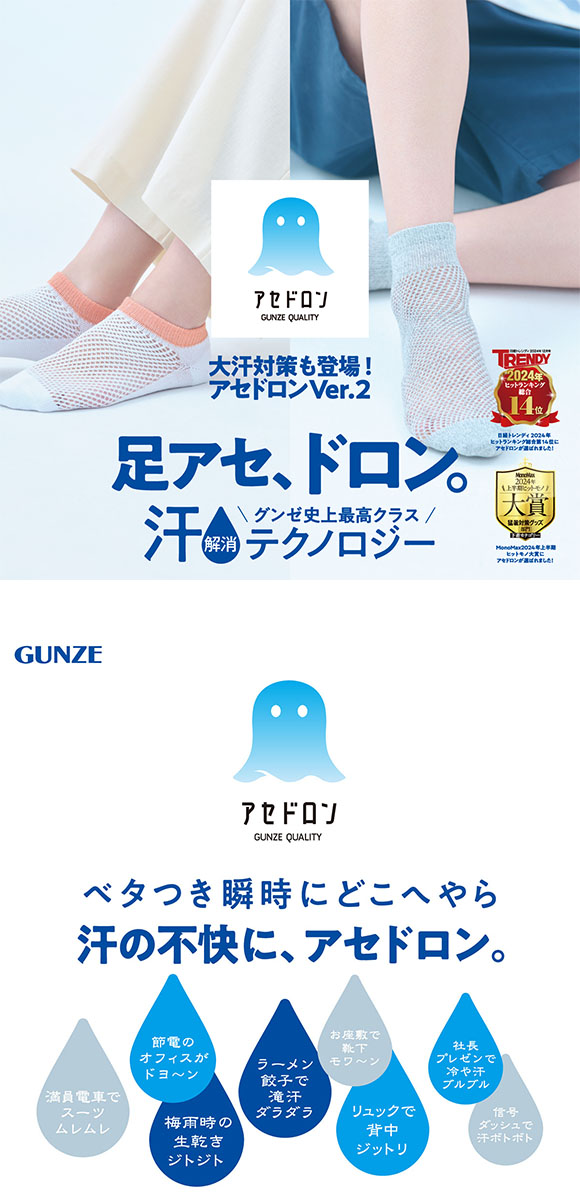 グンゼ アセドロン メガメッシュ スニーカー丈 ソックス メンズ 靴下 GUNZE 吸放湿 25-27cm