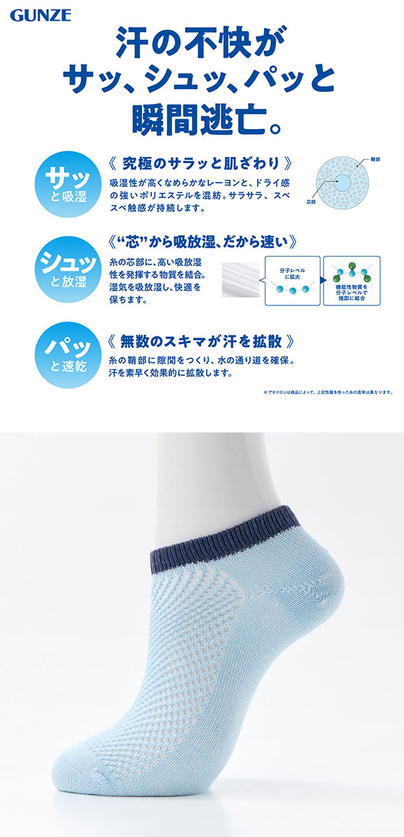 グンゼ アセドロン メガメッシュ スニーカー丈 ソックス メンズ 靴下 GUNZE 吸放湿 25-27cm