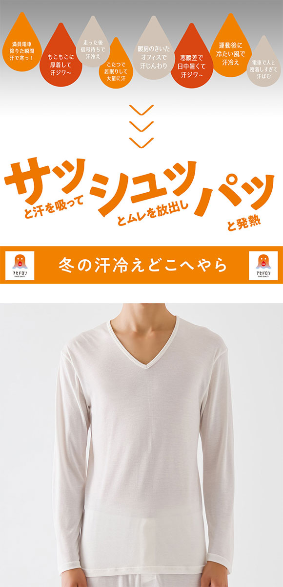 グンゼ ファイヤーアセドロン 長袖 Vネック シャツ 薄手 メンズ 大きいサイズ GUNZE FIREアセドロン