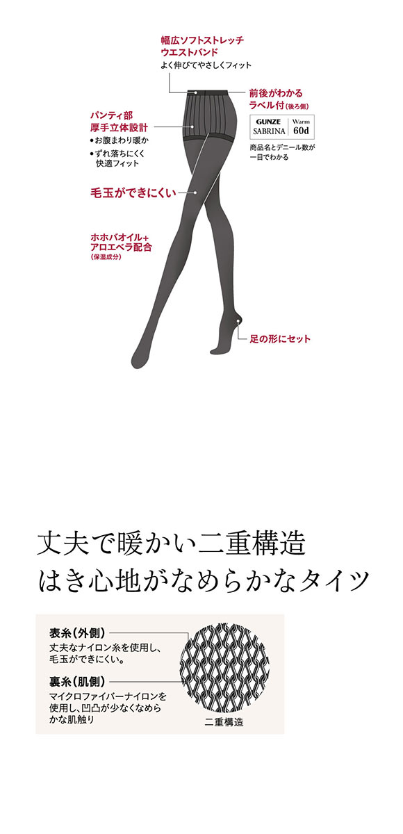 グンゼ GUNZE サブリナ SABRINA 60デニール ウォーム タイツ 消臭 毛玉できにくい 静電気防止