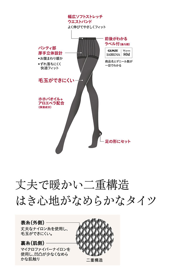 グンゼ SABRINA ウォーム 80デニール タイツ レディース 消臭 毛玉できにくい 静電気防止 GUNZE サブリナ
