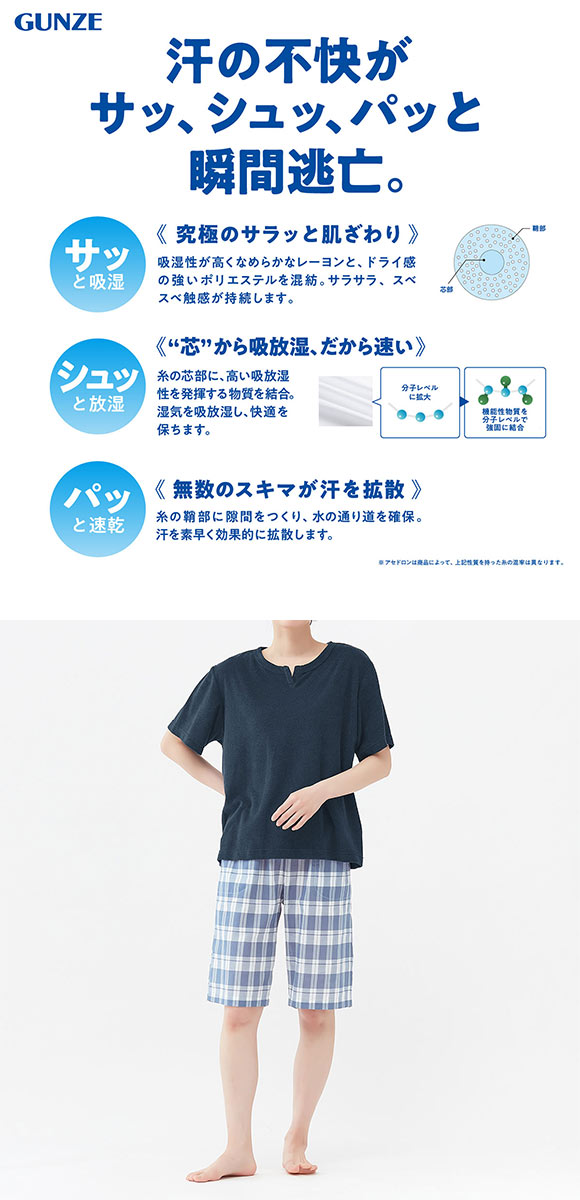 グンゼ アセドロン パイル地 ルームウェア 半袖・5分丈パンツセット  レディース パジャマ GUNZE