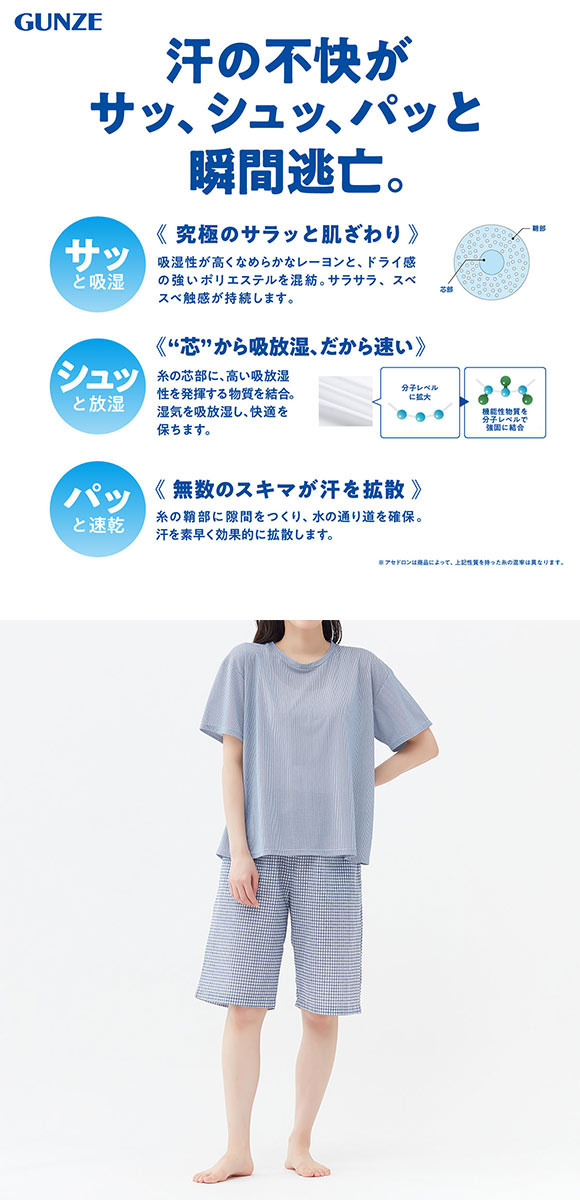 グンゼ アセドロン ルームウェア 半袖・5分丈パンツセット レディース パジャマ GUNZE