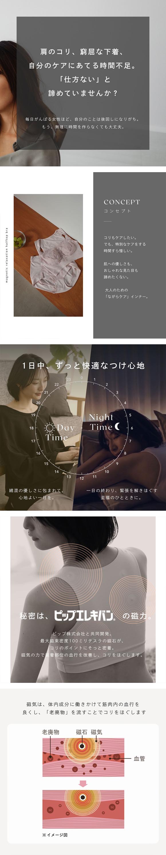 ルシアン LECIEN×ピップエレキバン 肩らっくす LUXE ナイトブラ ナイト&デイ ハーフトップ ノンワイヤー ブラジャー 管理医療機器 磁気