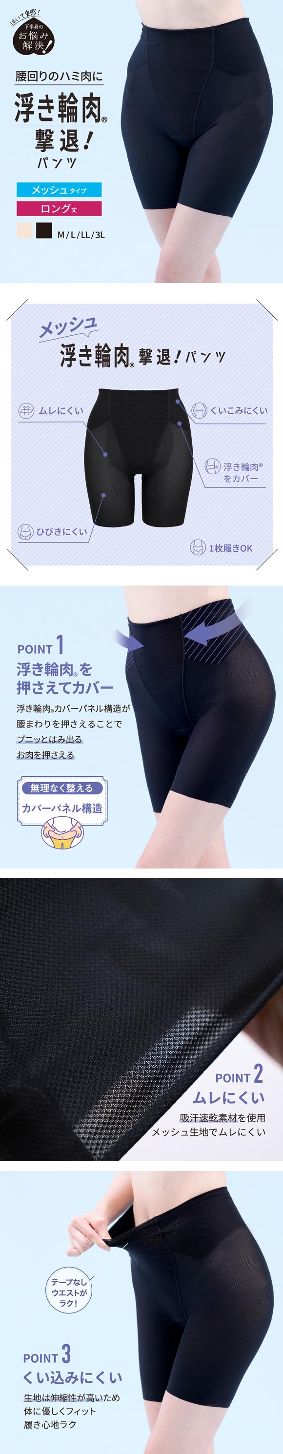 ルシアン はいて実感 下半身のお悩み解決 浮き輪肉撃退 パンツ メッシュ 吸汗速乾 ガードル M･L･LL･3L ロング丈 補正下着 LECIEN