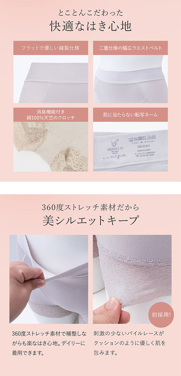 ブラデリス すっぽりフィット 楽々綿混 一分丈ショーツ S-5L ヒップアップ お腹シェイプ 美尻 補正 BRADELIS NY PEACE