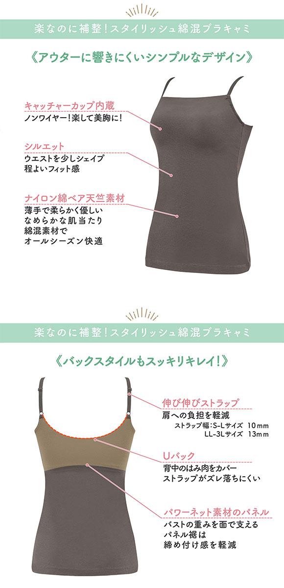 ブラデリス ブラキャミ 楽なのに補整！スタイリッシュ 綿混 S-3L ノンワイヤー ブラトップ ナイトブラ BRADELIS NY PEACE