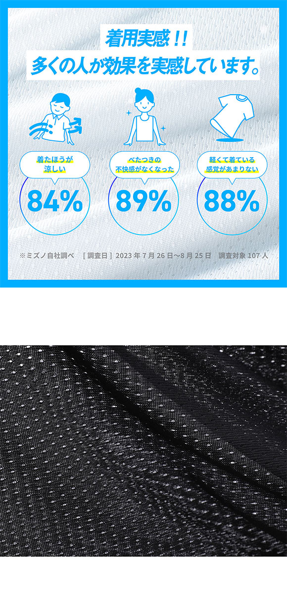 ミズノ MIZUNO カルエアー クルーネック 半袖 メッシュ インナーシャツ メンズ ドライエアロフロー搭載 吸汗速乾 汗対策 Tシャツ