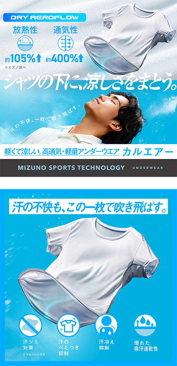 ミズノ MIZUNO カルエアー Vネック 半袖 メッシュ インナーシャツ メンズ ドライエアロフロー搭載 吸汗速乾 汗対策 Tシャツ