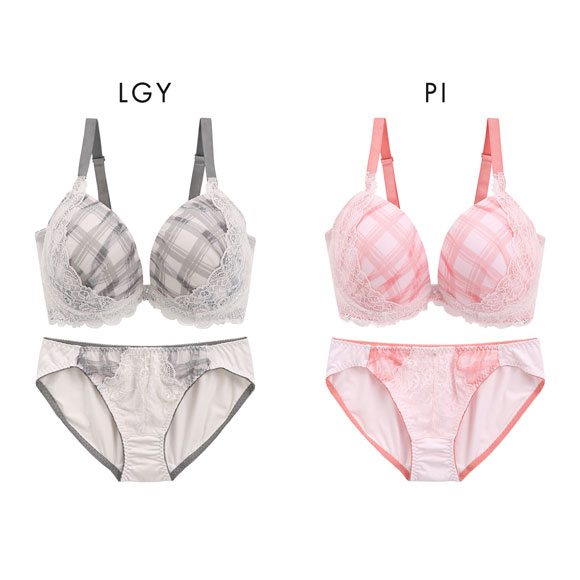 パンキュート 脇肉を谷間に変える脇高ブラ チェック柄チュールレース ブラセット CDEF80-95 脇寄せ 大きいサイズ グラマー 谷間 ブラジャー