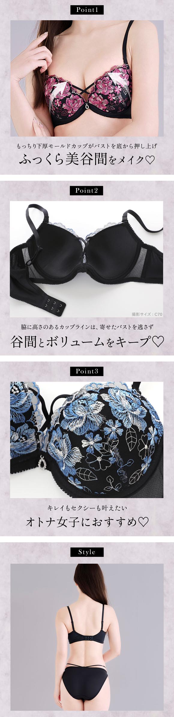 エレガント 脇肉を谷間に変える脇高ブラ グラデーション刺繍 ブラセット ABCDEF 大きいサイズ グラマー 脇寄せ 盛り ブラジャー ショーツ セット Elegante