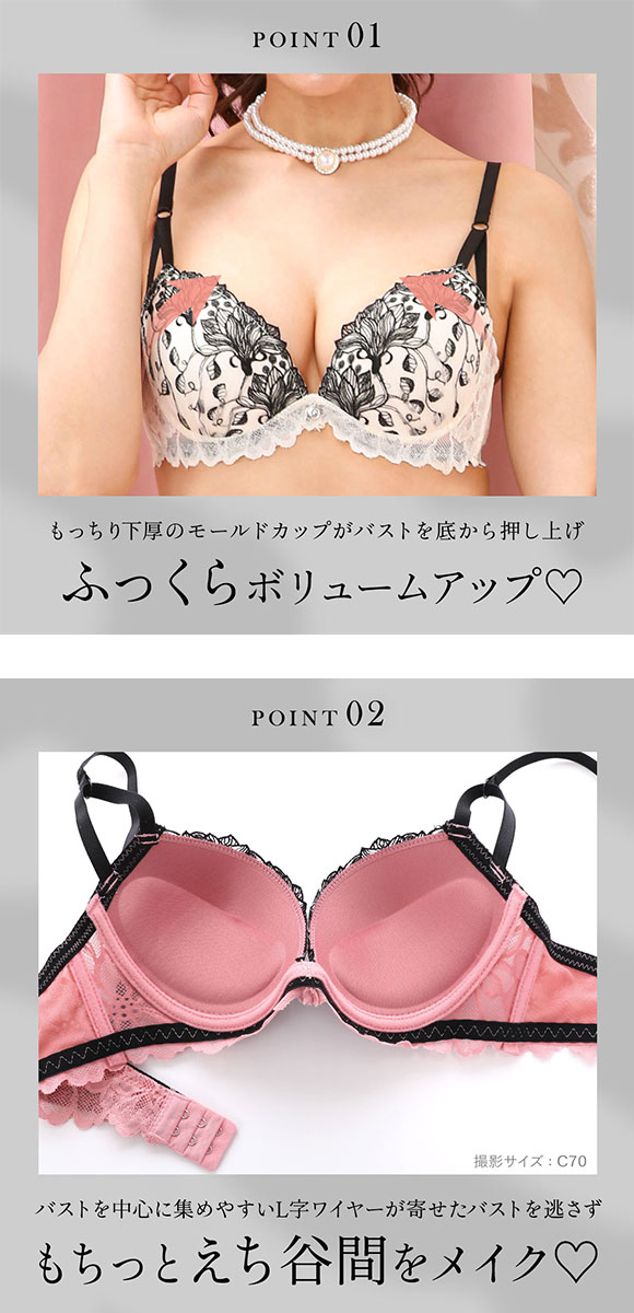 エレガント 線画調レース ブラセット ABCDEF 大きいサイズ グラマー 盛り ブラジャー ショーツ セット 脇寄せ L字 谷間 盛り胸 パッド内蔵 Elegante