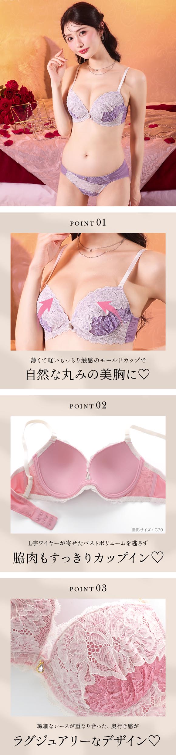 エレガント バイカラーレーシー ブラセット 3点セット Tバック ABCDEF 谷間 寄せ 大きいサイズ ブラジャー ショーツ セット Elegante