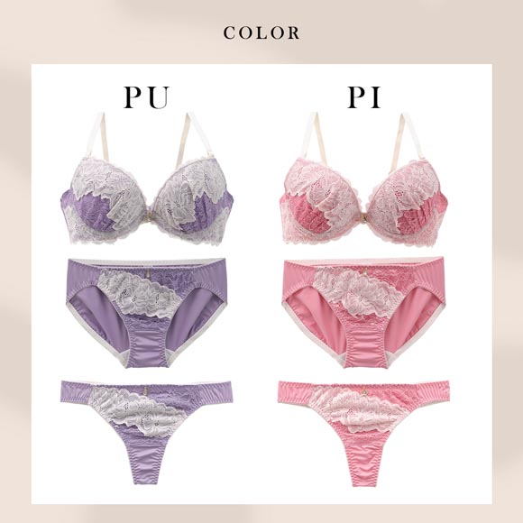 エレガント バイカラーレーシー ブラセット 3点セット Tバック ABCDEF 谷間 寄せ 大きいサイズ ブラジャー ショーツ セット Elegante