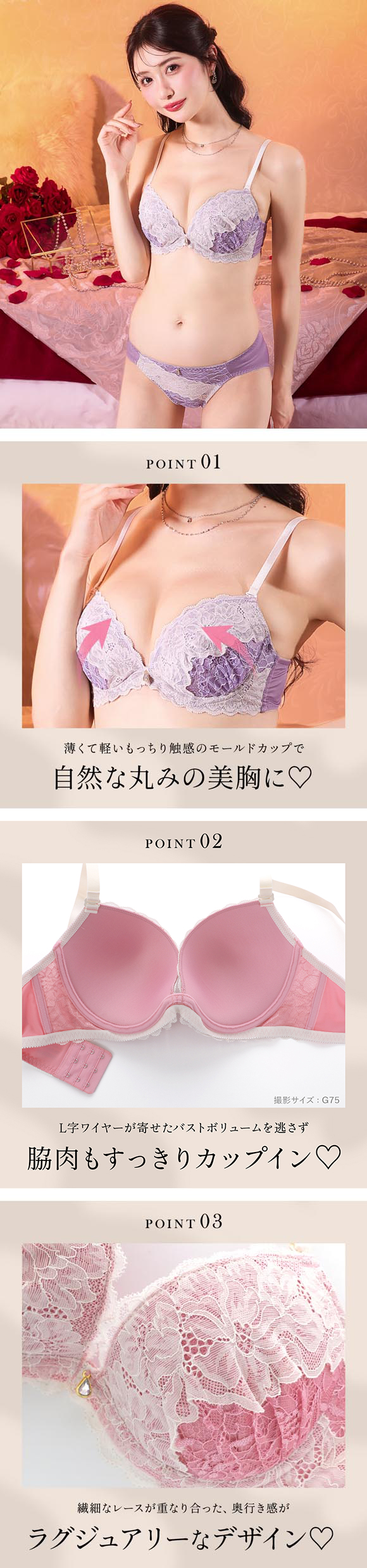 エレガント バイカラーレーシー ブラセット 3点セット Tバック BCDEF80-95 大きいサイズ グラマー 谷間 寄せ ブラジャー ショーツ セット Elegante