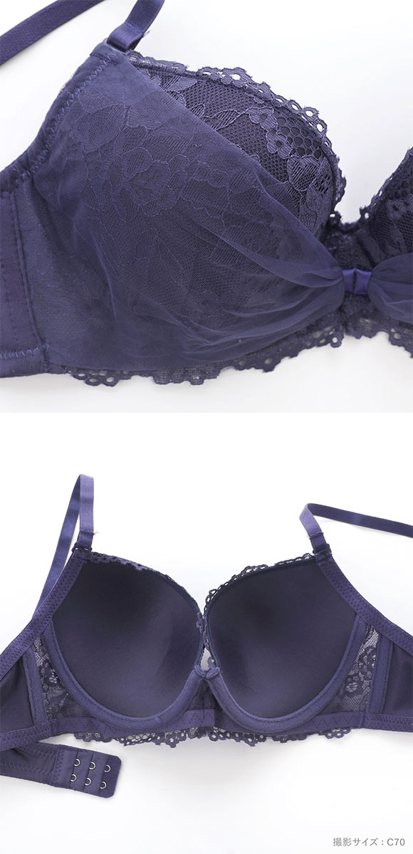 エレガント チュールリボンデザイン ブラセット ABCDEF 大きいサイズ グラマー ブラジャー ショーツ セット 谷間 Elegante