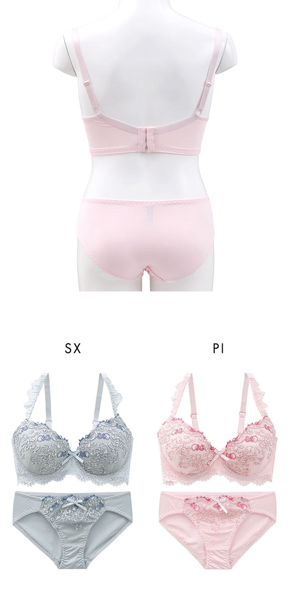 エレガント 脇肉を谷間に変える脇高ブラ アラベスク刺繍 ブラセット GHI65-95 盛り胸 寄せ上げ ブラジャー ショーツ セット Elegante