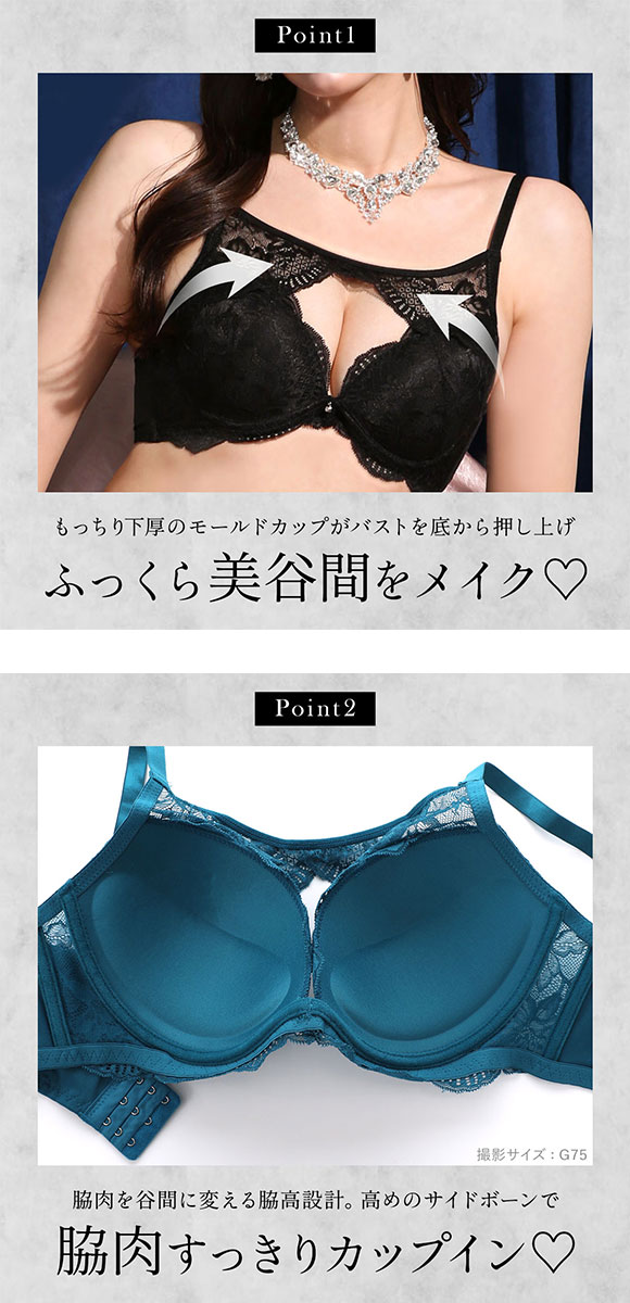 エレガント 脇肉を谷間に変える脇高ブラ デコルテレース ブラセット GHI65-95 大きいサイズ グラマー 谷間魅せ 脇寄せ 盛り胸 ブラジャー ショーツ Elegante