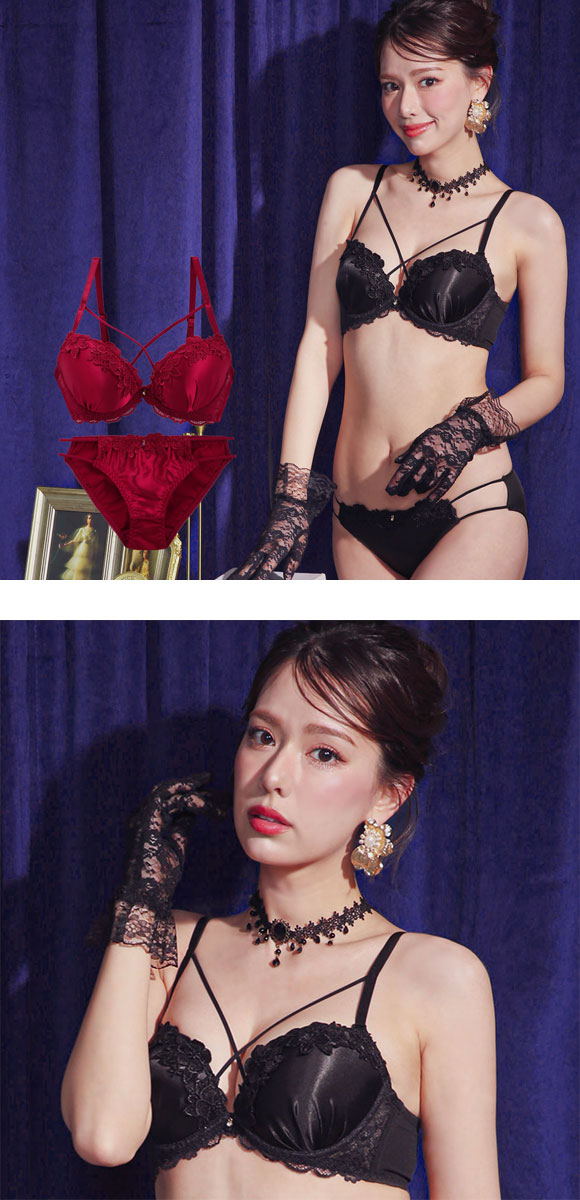 エレガント 脇肉を谷間に変える脇高ブラ セクシーサテン＆ケミカル ブラセット CDEF80-95 大きいサイズ グラマー L字 谷間 盛り ブラジャー ショーツ Elegante