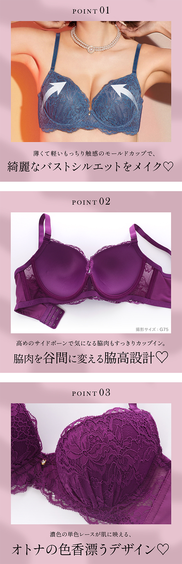 エレガント 脇肉を谷間に変える脇高ブラ フローラルレース ブラセット GHI65-95 大きいサイズ グラマー サイドリボン ブラジャー ショーツ セット Elegante