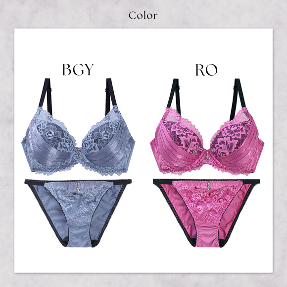 エレガント 脇肉を谷間に変える脇高ブラ ジャガードサテンレース ブラセット BCDEF80-95 大きいサイズ グラマー 脇寄せ ブラジャー ショーツ セット Elegante
