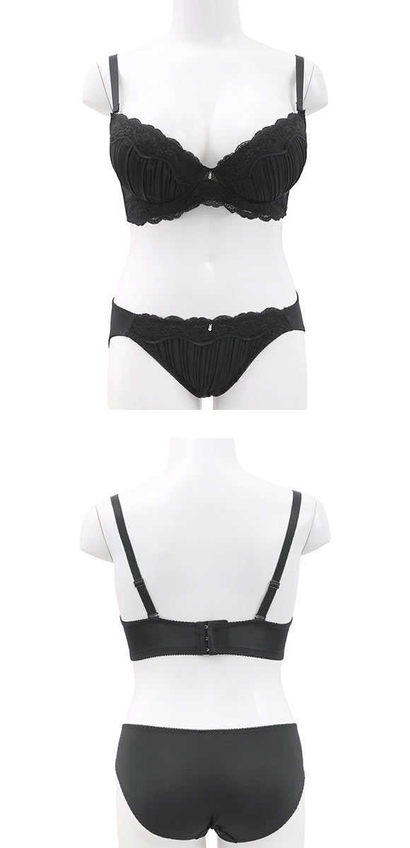 エレガント らくちんソフトワイヤー プリーツ×レース ブラセット CDEF80-95 グラマー アンダー大きいサイズ ブラジャー ショーツ